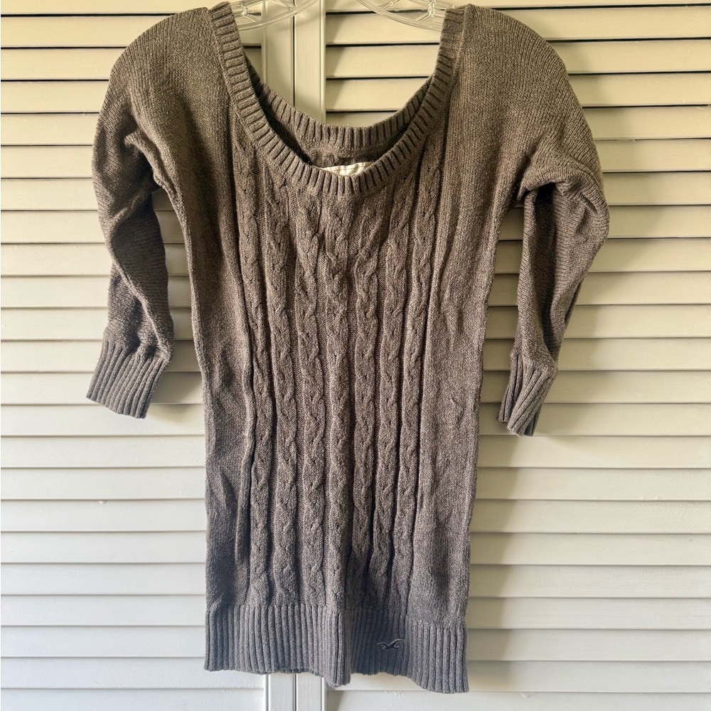 Hollister Taupe Cable Knit Wide Boat Neck Sweater